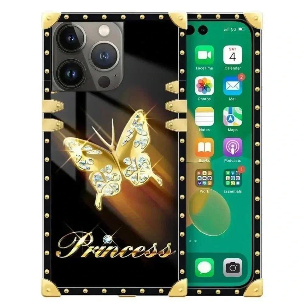 Case Compatible with iPhone 15 Pro Max B Golden Butterfly Princess Square Luxury